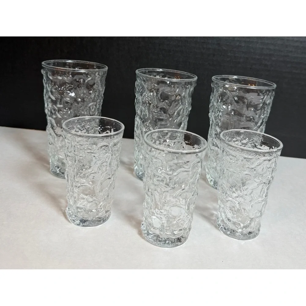 VTG Anchhor Hocking Milano Clear Bark Textured Glass Tumbler Juice Set 6pc MCM